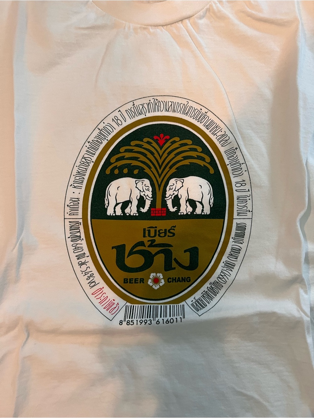 Vintage White Tee with Green and Gold Elephant Logo - Chang Beer